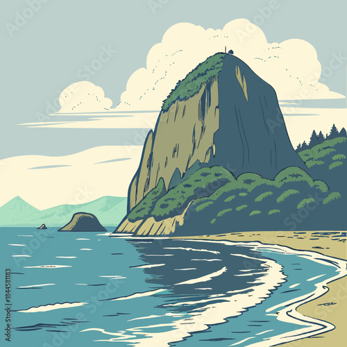A stylized illustration of a dramatic coastal landscape featuring a large green covered mountain overlooking a sandy beach and the blue ocean with gentle waves and distant islands under a cloudy sky