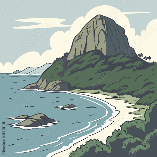 A picturesque coastal landscape illustration featuring a prominent green forested mountain overlooking a serene sandy beach and calm blue ocean waves with distant hills and clouds