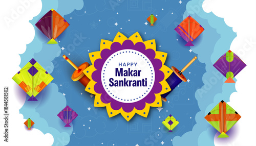 Indian festival Happy Makar Sankranti poster design with people flying colorful kites on cloudy sky. Creative vector illustration design, Creative vector illustration of Happy Makar Sankranti kite

