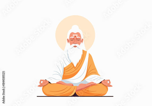 Elderly Sage in Meditation Pose with Halo Aura, Traditional Indian Attire, Spiritual Wisdom and Enlightenment Concept