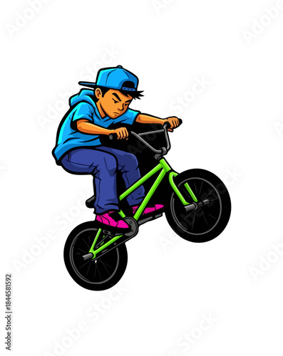 Young boy performing a wheelie on a BMX bicycle with green frame.