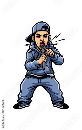 Cartoon Rapper with Microphone in Blue Outfit and Cap.