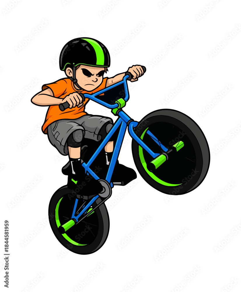 Fototapeta premium Young boy performing a wheelie on a BMX bike with determination and focus.