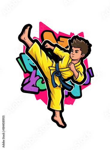 Young boy in a yellow karate uniform executing a powerful high kick.