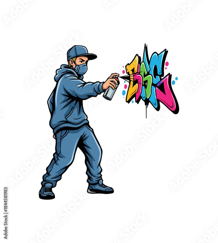 Young street artist creating colorful graffiti art with a spray can.