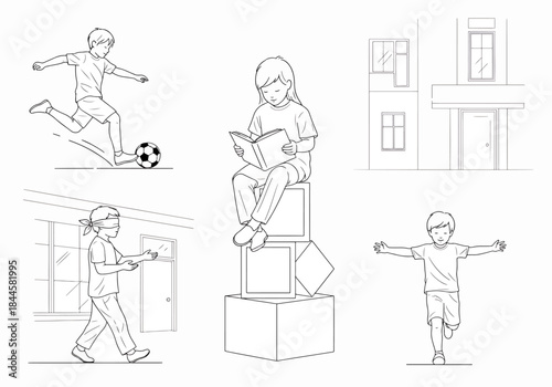 Diverse children enjoying various outdoor and indoor activities like playing soccer, reading on blocks, and playing blind man's buff, full body