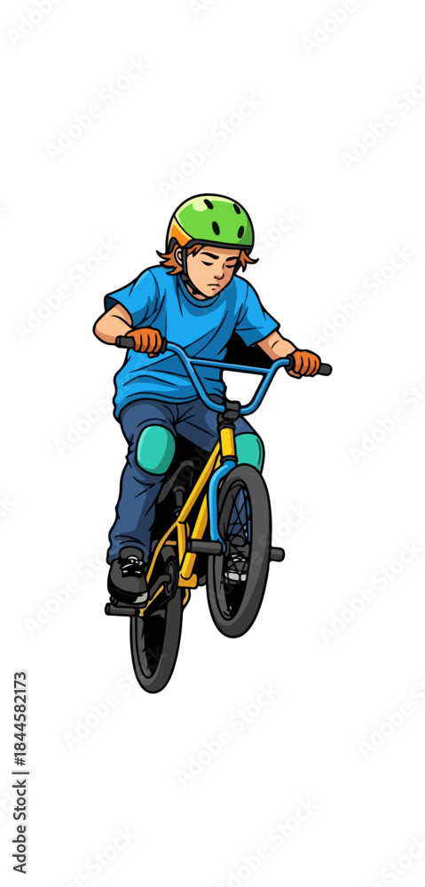 Fototapeta premium Young boy performing an exciting wheelie on a BMX bike.