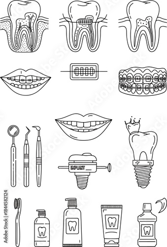 Dental care and treatment icons set including teeth anatomy, braces, implants, and hygiene products.