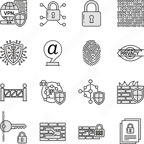 Cyber Security Icons Collection Protecting Digital Data VPN Lock Fingerprint Firewall and Network Security Concepts