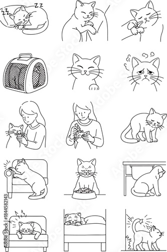 Cute cat doodles set depicting various activities and emotions like sleeping, playing, eating, and feeling sad or happy