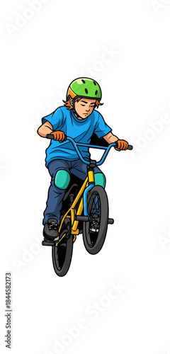 Young boy performing an exciting wheelie on a BMX bike.