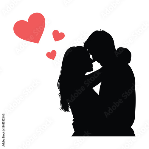 Silhouette of a loving couple sharing a romantic kiss with hearts