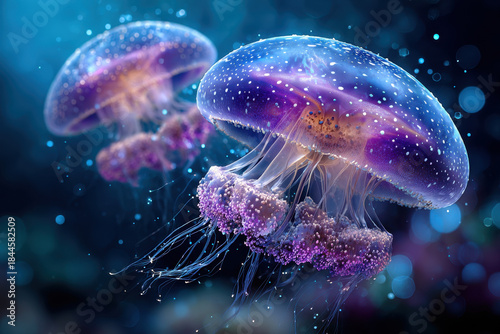 Two Bioluminescent Jellyfish in Dark Blue Water
