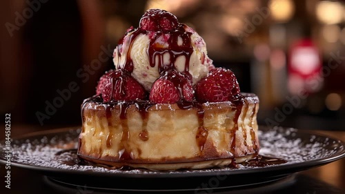 Sweet dessert with strawberries, ice cream, and chocolate drizzle on a plate