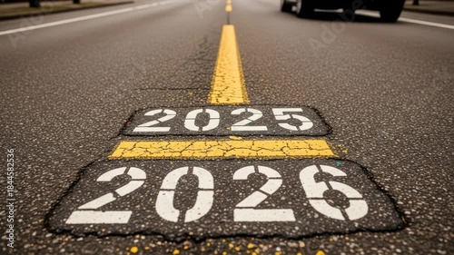 Two years painted on roadway, yellow line separates