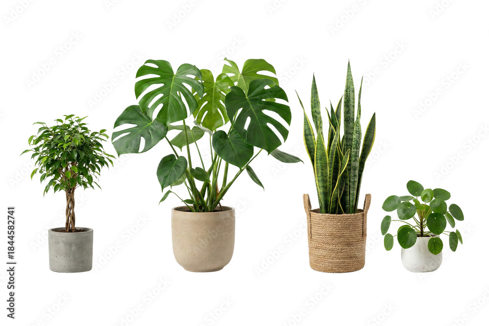 Obraz premium A diverse collection of popular potted houseplants displayed against a crisp white background