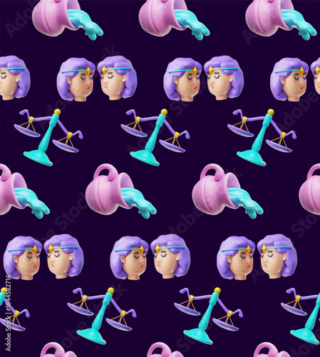 3D zodiac signs: Gemini, Aquarius, and Libra, on a dark blue seamless background.