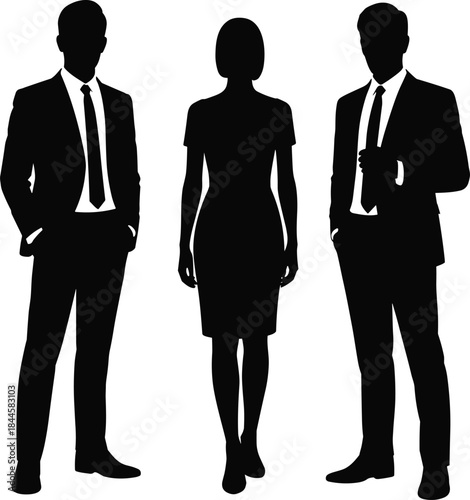 Three silhouetted business professionals in formal attire standing confidently, symbolizing corporate teamwork, leadership, and office culture