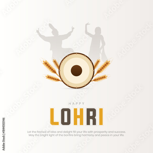 Happy Lohri Festival Post and Greeting Card. Punjabi Festival Lohri Celebration Creative Flyer with Text and Dhol Vector Illustration