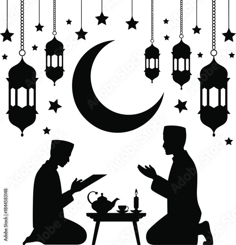 Black and White Islamic Prayer Silhouette with Crescent Moon and Lanterns