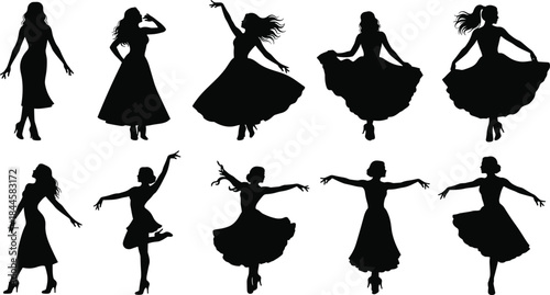 Dancing woman silhouettes, expressive poses, flowing dress, vector clipart, black and white, graceful movement, ballet, folk, elegance