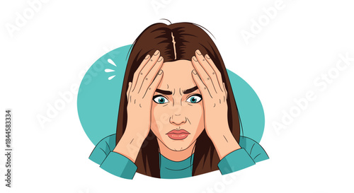 Stressed and anxious young woman holding her head in her hands, showing frustration, headache, or mental health problems.