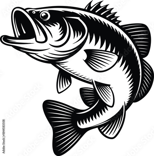 Dynamic Linocut Largemouth Bass Leaping Illustration, Black and White, High-Contrast Fish Art