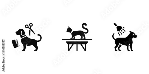 Pet grooming icon set in black silhouette vector style. Dog being brushed with comb and scissors, cat standing on grooming table, dog washed under shower spray. Simple bold shapes. 