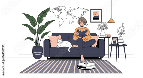 Young woman reading a book and relaxing on a sofa with her cat while a robot vacuum cleaner cleans the living room floor.