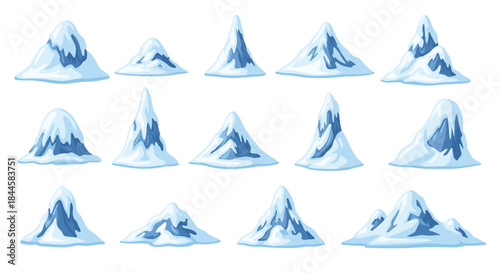 Collection of cartoon snowy mountain peaks and frozen ice rocks, perfect for creating winter landscapes or game backgrounds.