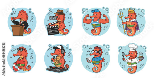 Collection of Cute Seahorse Icons in Various Jobs and Occupations