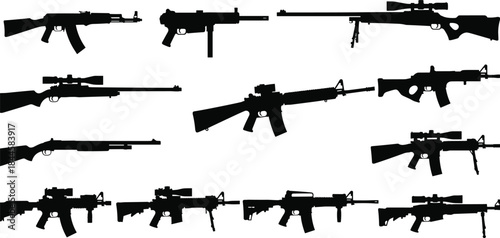 Rifle and submachine gun silhouettes, weapon vector clipart, black and white, tactical gear, scopes, stocks, firearm grid