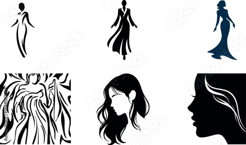 Five black and white female silhouette with flowing dresses and hair