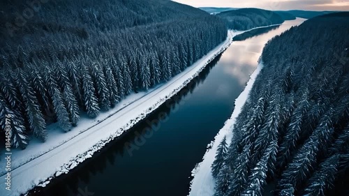 Video Footage  serene river runs through a winter wonderland forest scene