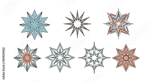 Collection of eight abstract geometric star shapes with pastel blue and pink color fills, created with artistic line art.