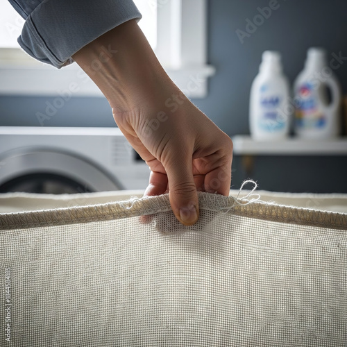 Close-up Photo of Hand Grabbing Laundry Basket in Laundry Room