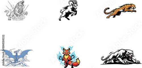 Six stylized animal mascot lion goat jaguar dragon fox and panther