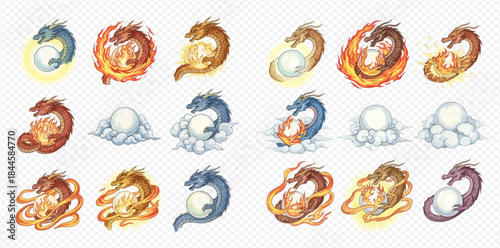 Set of fantasy dragons holding magical orbs and elemental powers, including fire, ice, and light, in various poses.
