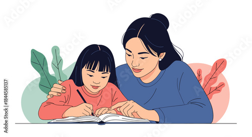 Mother and daughter learning together at a desk with plants in the background.