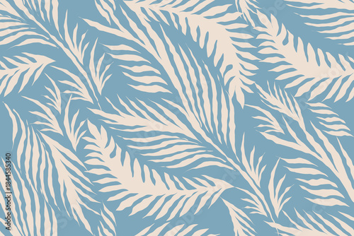 Seamless Tropical Palm Leaf Pattern in Soft Blue and Cream. organic shapes and a gentle color palette create a relaxed, coastal, and contemporary feel. Ideal for fabric prints, wallpaper, home décor