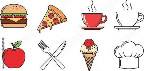 A delightful collection of popular food and drink icons including a burger, pizza, coffee cup, apple, ice cream, chef hat, and cutlery