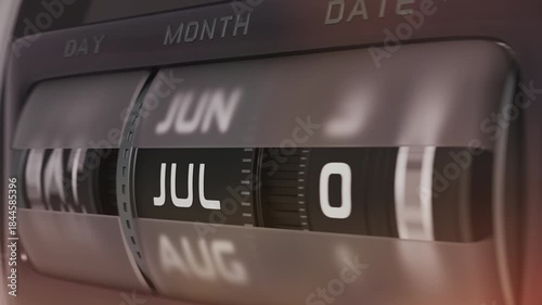 Close-up of a vintage mechanical calendar rapidly flipping through months from January to December. 4K 3D animation showing the passage of a full year.
