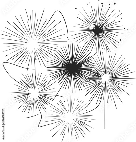 Minimal line art of fireworks exploding into abstract geometric shapes, thin black strokes, balanced composition, modern New Year festive vector
