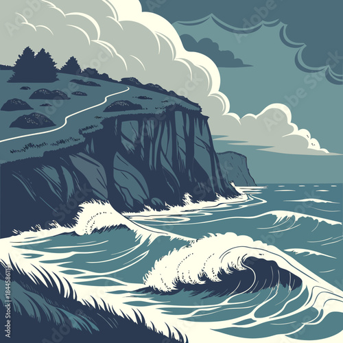 Dramatic coastal cliffs meet crashing ocean waves under a cloudy sky with a winding path leading across the grassy clifftop above