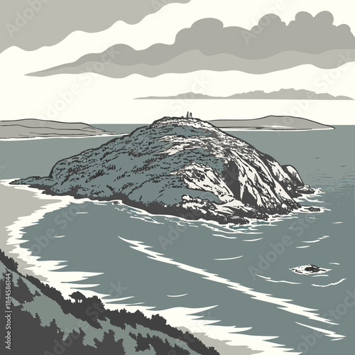 A dramatic coastal landscape illustration featuring a prominent rocky island with two figures standing atop its summit overlooking the vast ocean and distant hazy mountains under a cloudy sky