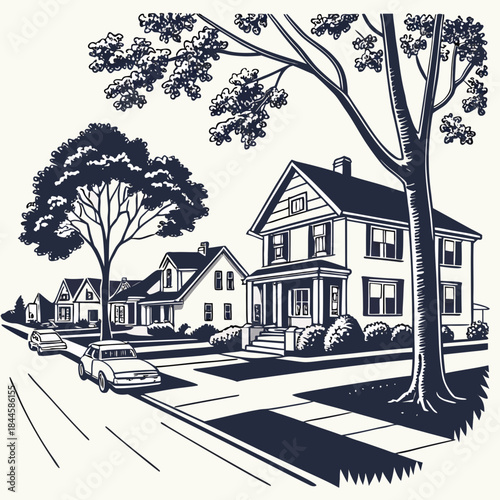 A charming vintage style illustration depicting a tree lined street with classic american houses and cars parked along the curb on a sunny day