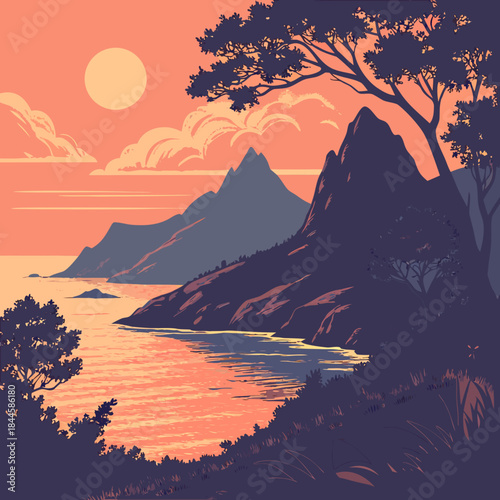 Serene coastal landscape at sunset with majestic mountains reflecting in the calm ocean water and silhouetted trees against a warm sky
