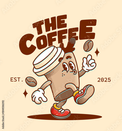 Vintage Coffee Cup Mascot Cartoon Logo with Retro Halftone Effect