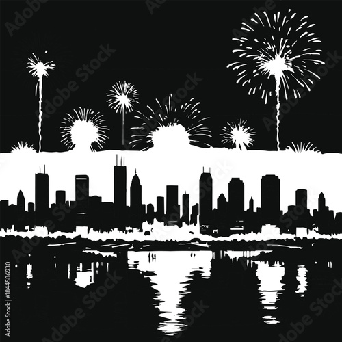 Minimal outline illustration of city skyline with rising fireworks, clean linear strokes, contemporary New Year night concept, vector line art 1