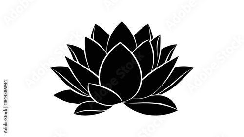 Minimalist black lotus flower silhouette isolated on white background for design